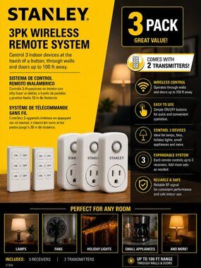 STANLEY Wireless Remote Control Outlet Plugs with 2 remotes and 3 sockets Indoor